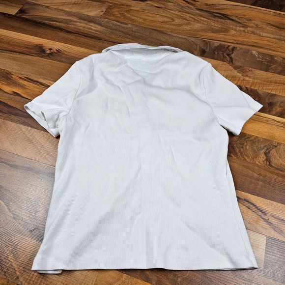 Veronica Beard Ribbed Polo Shirt Medium White Pima Cotton Luxury Minimalist Top - Picture 2 of 5